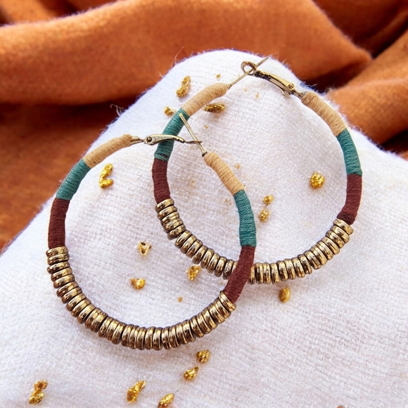 🆕 Handmade Colorblock Golden Beaded Hoops Indian Artisan Boho Chic Trendy Style - Picture 1 of 14